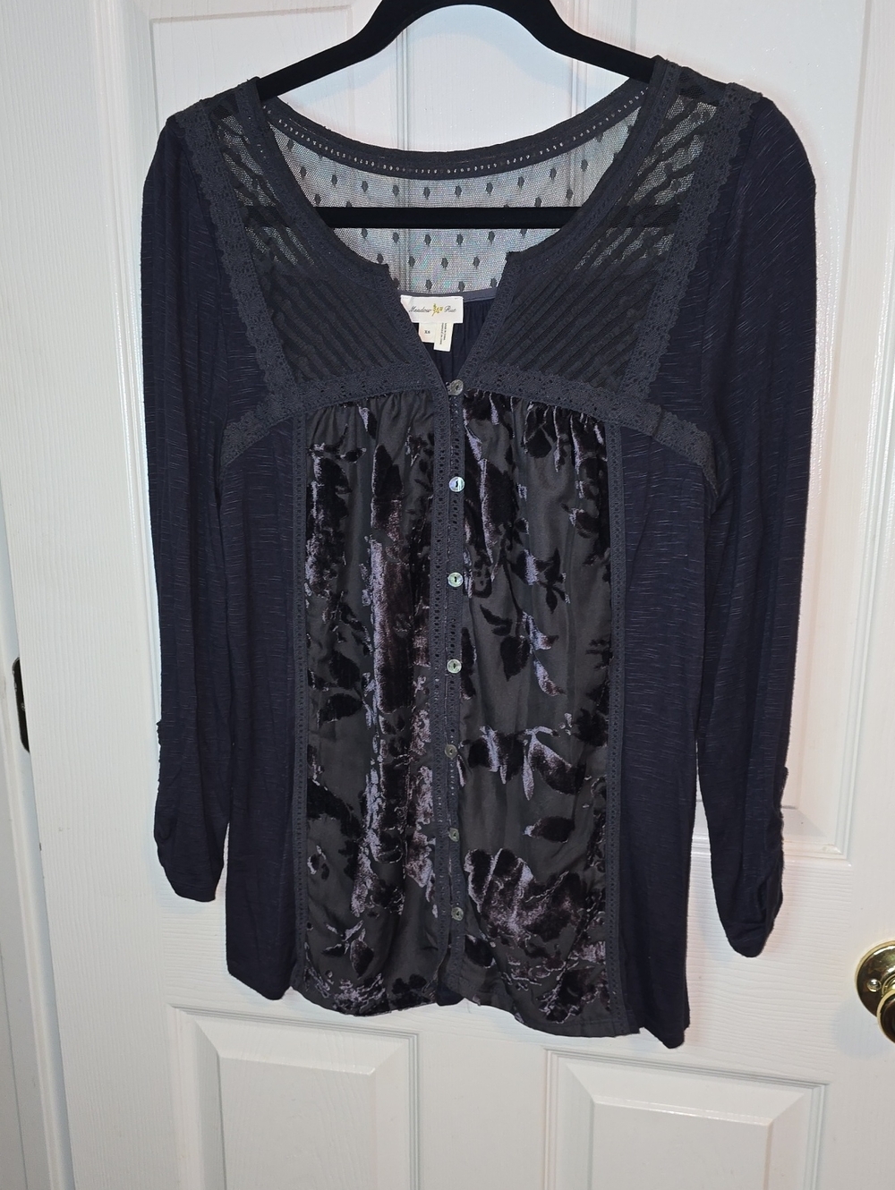 Meadow Rue Black Velvet-Panel Button Down Shirt